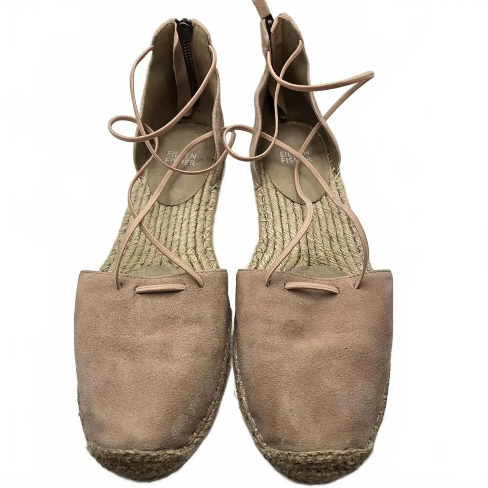 Eileen Fisher Blush Suede Elastic Strap Espadrille Flats Women's 9 Pink Zip